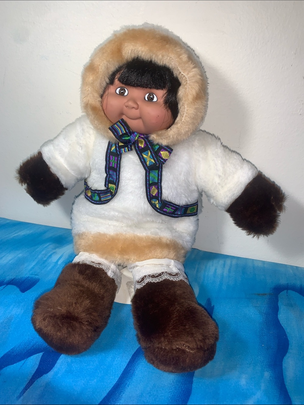 Plush Inuit Arctic Doll in White and Brown Hooded Parka